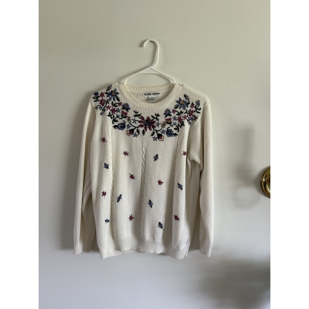 Alfred Dunner Womens Small‎ Ivory Floral Embroidered Ramie Cotton Knit Sweater